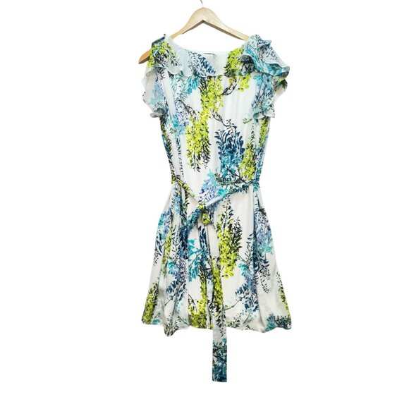 Worthington Womens Floral Mini A-Line Dress Size 16 White Ruffle Sleeves Pocket - Picture 1 of 14